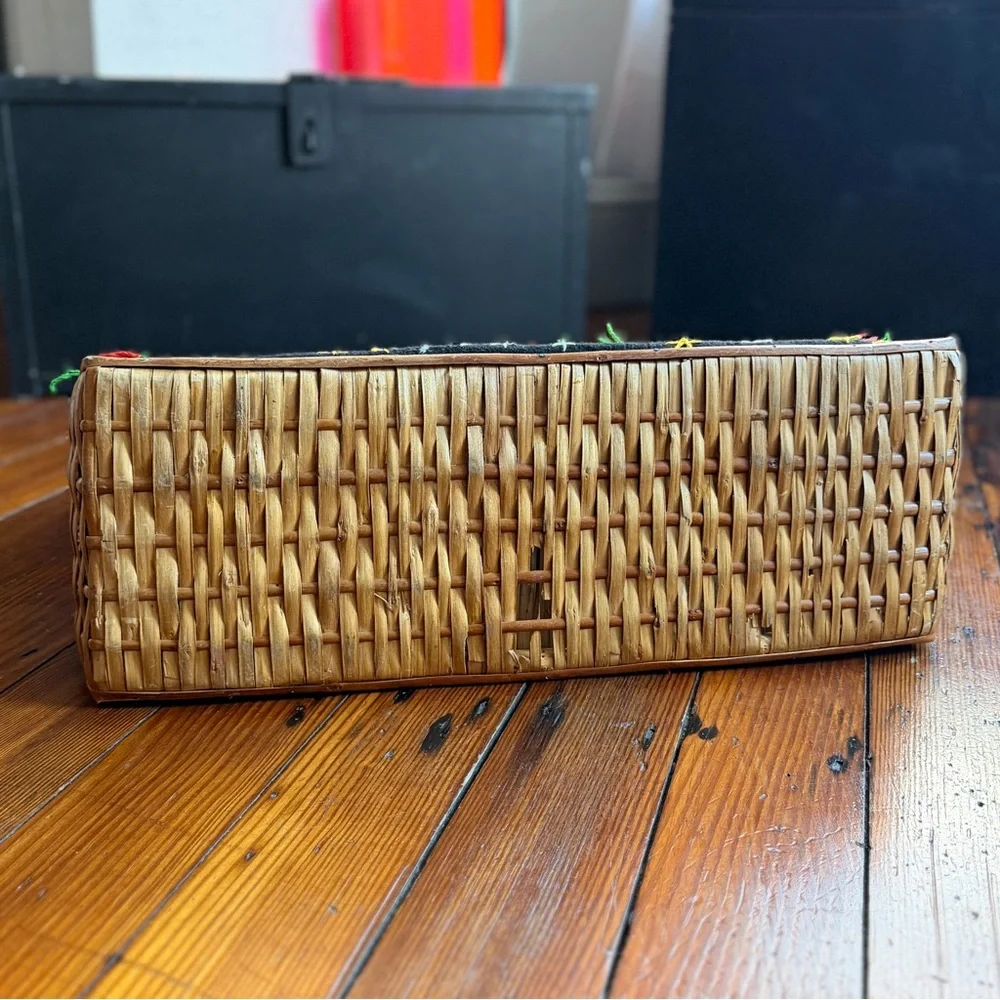 Vintage 70s wicker frame hand embroidered fabric basket tote